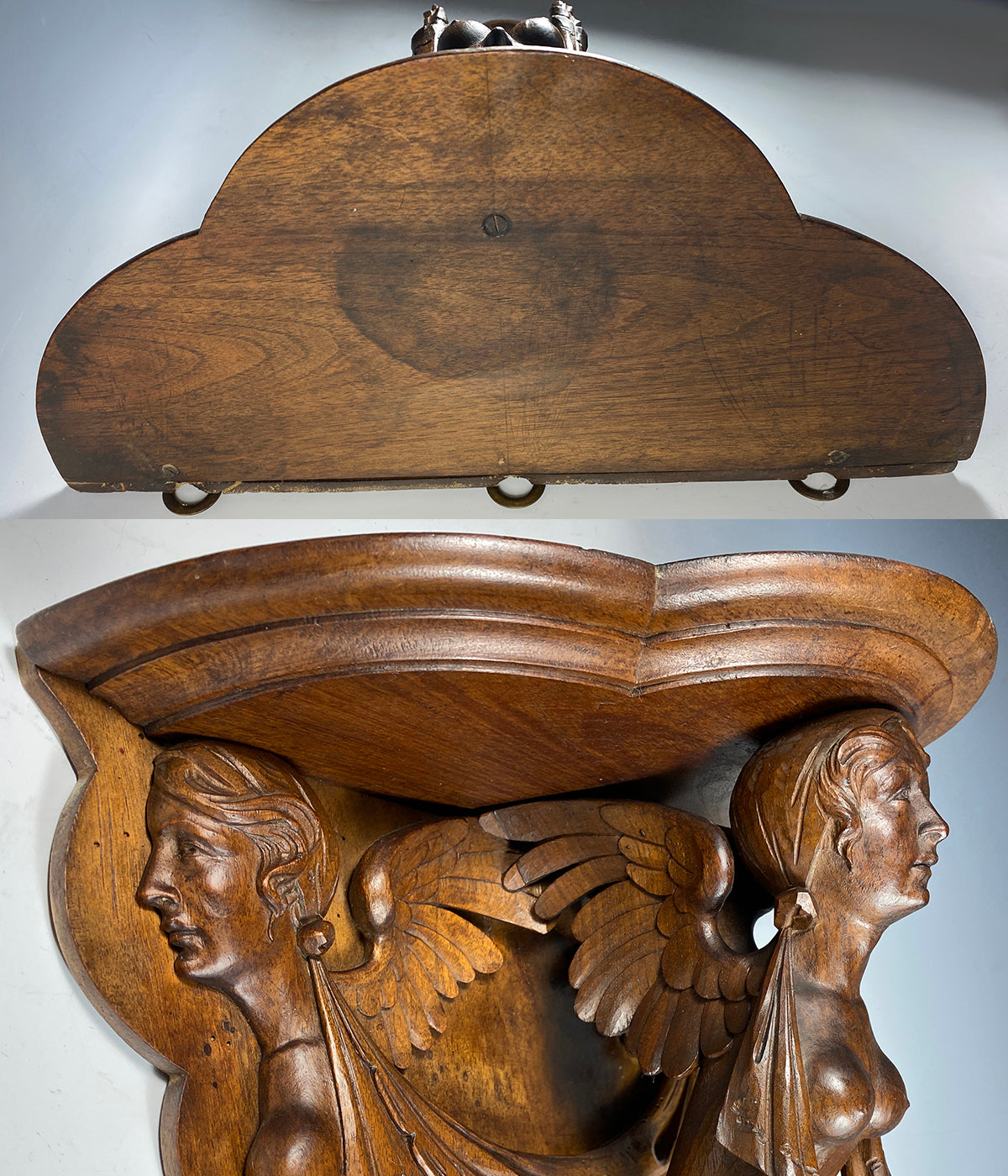 Antique Hand Carved 16 3/4" Tall 15 3/4" Wide Bracket or Clock Shelf, Chimera, Caryatids