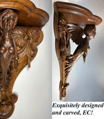 Antique Hand Carved 16 3/4" Tall 15 3/4" Wide Bracket or Clock Shelf, Chimera, Caryatids