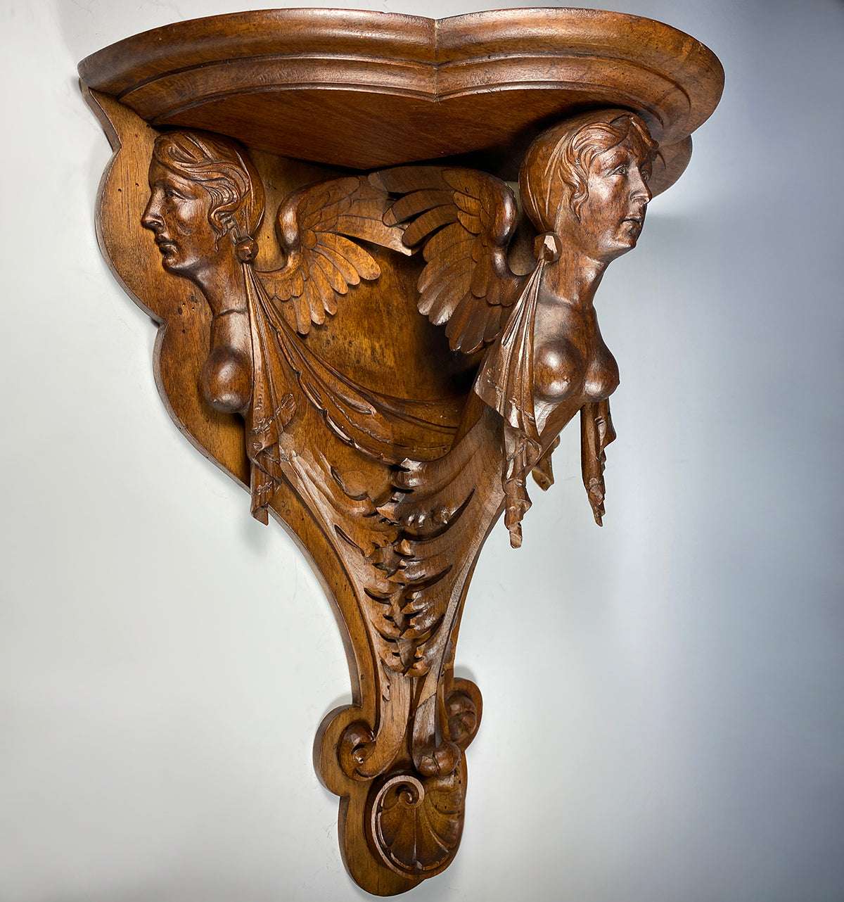 Antique Hand Carved 16 3/4" Tall 15 3/4" Wide Bracket or Clock Shelf, Chimera, Caryatids