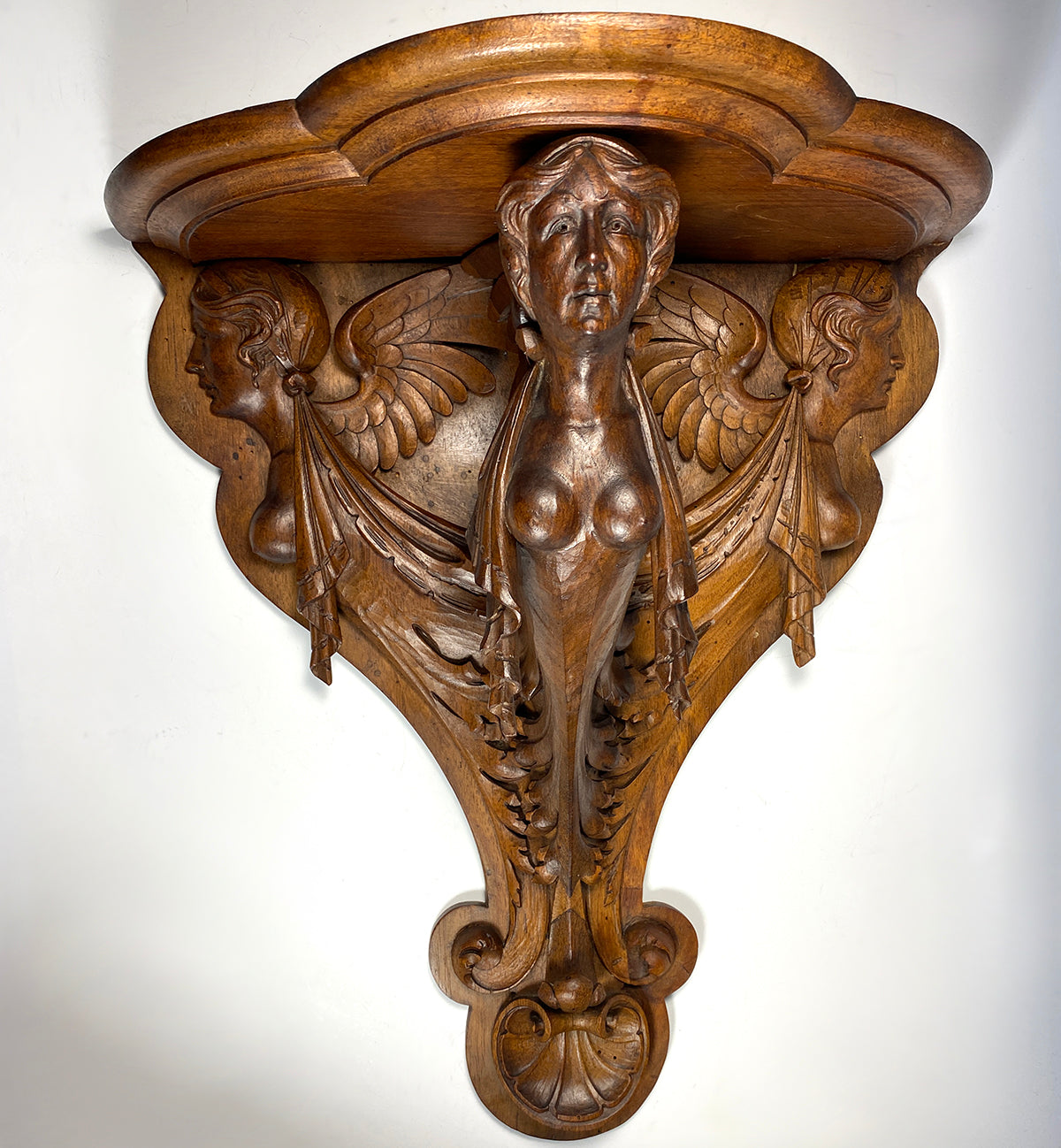 Antique Hand Carved 16 3/4" Tall 15 3/4" Wide Bracket or Clock Shelf, Chimera, Caryatids