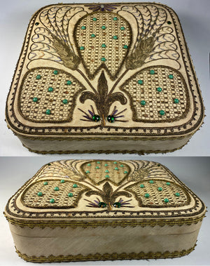 Superb Antique French Confectioner's Chocolate Box, EC, Entirely Hand Embroidered, Jewels, Metal Thread