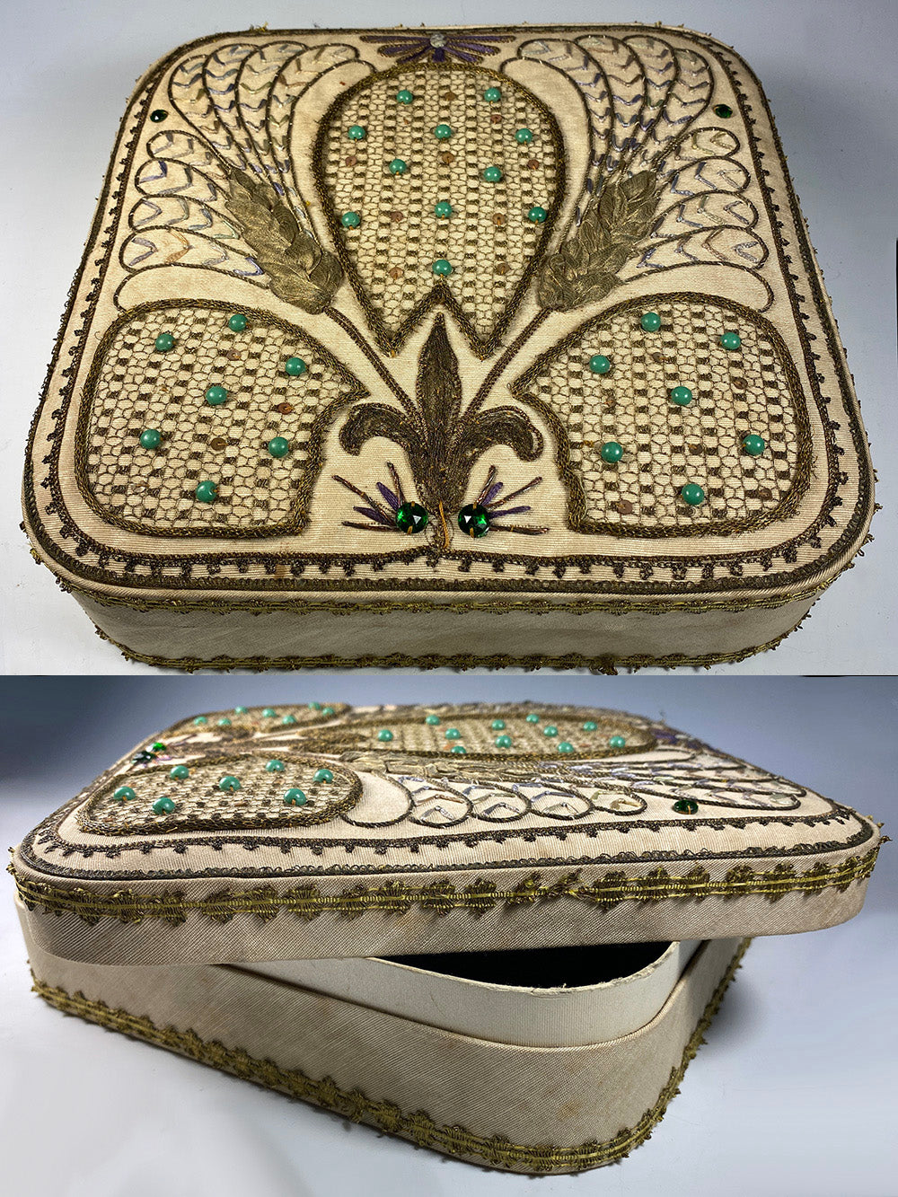 Superb Antique French Confectioner's Chocolate Box, EC, Entirely Hand Embroidered, Jewels, Metal Thread