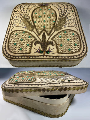 Superb Antique French Confectioner's Chocolate Box, EC, Entirely Hand Embroidered, Jewels, Metal Thread