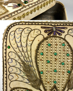 Superb Antique French Confectioner's Chocolate Box, EC, Entirely Hand Embroidered, Jewels, Metal Thread