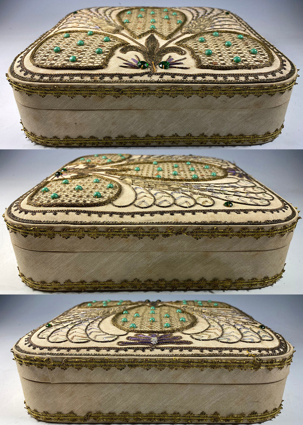 Superb Antique French Confectioner's Chocolate Box, EC, Entirely Hand Embroidered, Jewels, Metal Thread