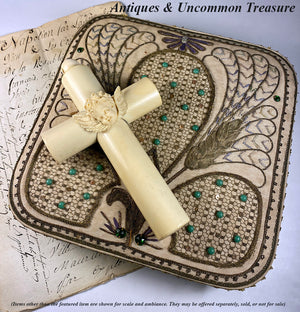 Superb Antique French Confectioner's Chocolate Box, EC, Entirely Hand Embroidered, Jewels, Metal Thread