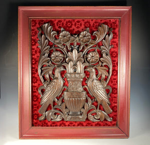 Antique Hand Carved Black Forest or Asian Plaque, Framed Nicely for Wall Art, Birds, Florals