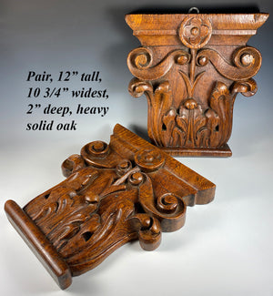 Antique Hand Carved Heavy Oak Pillar Tops, French Cabinetry, Paneling, Shelf