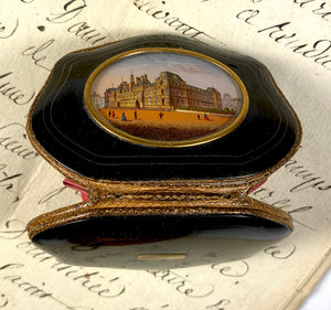 Antique French Grand Tour Souvenir Eglomise and Tortoise Shell Coin Purse, Hôtel de Ville, Paris
