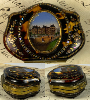 Fine Antique French Grand Tour Souvenir Purse, Tortoise Shell 18k Pique, Eglomise of Luxembourg Palace