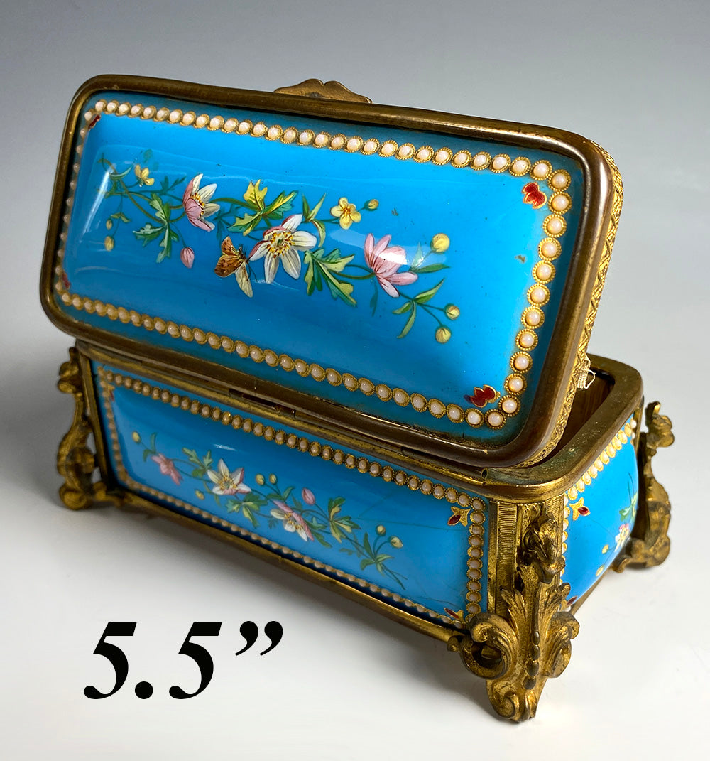 Antique 5.5" Long French Kiln-fired Enamel Jewelry Box, Original Silk Lining, Napoleon III Era