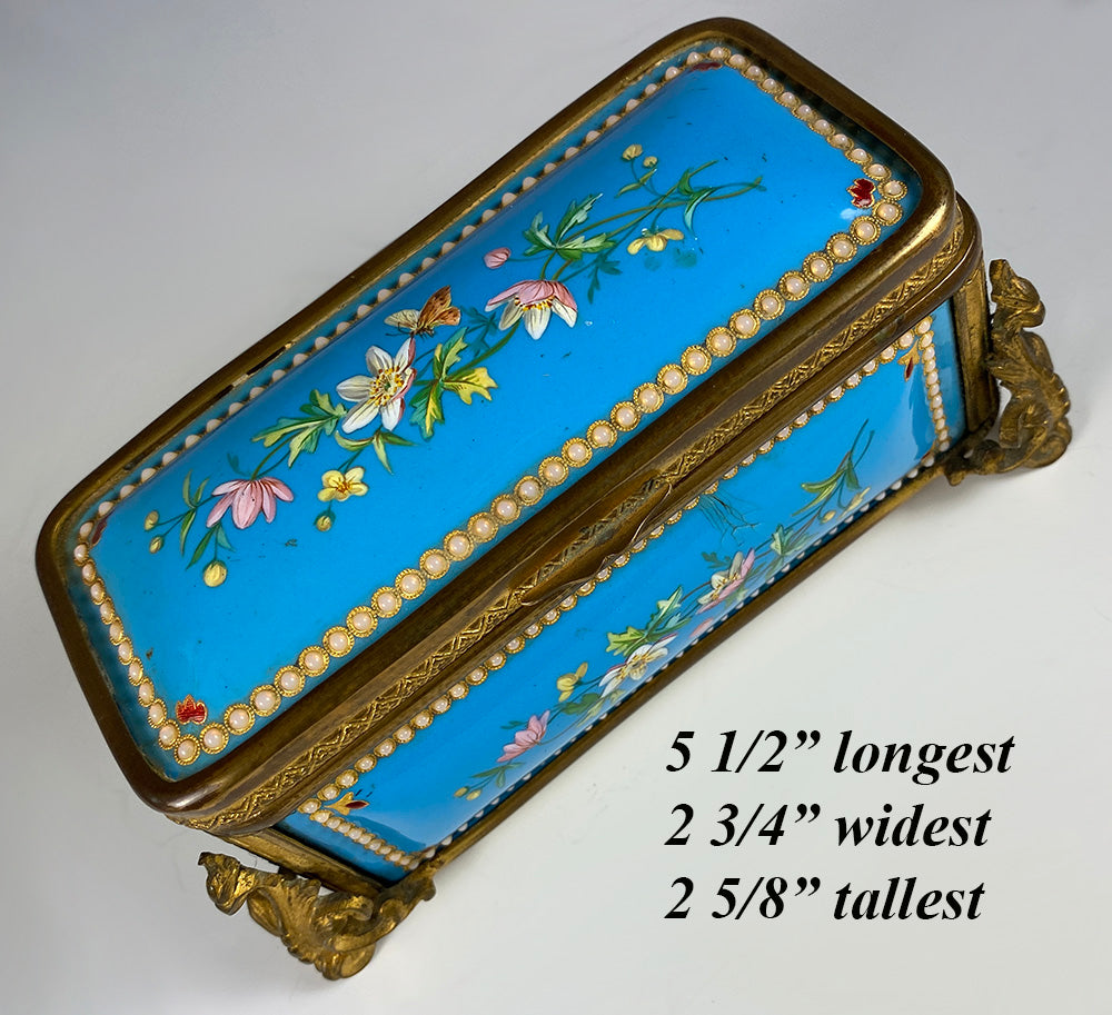 Antique 5.5" Long French Kiln-fired Enamel Jewelry Box, Original Silk Lining, Napoleon III Era