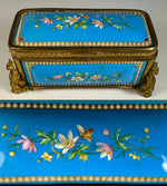 Antique 5.5" Long French Kiln-fired Enamel Jewelry Box, Original Silk Lining, Napoleon III Era