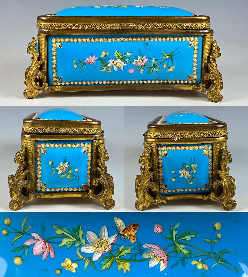 Antique 5.5" Long French Kiln-fired Enamel Jewelry Box, Original Silk Lining, Napoleon III Era