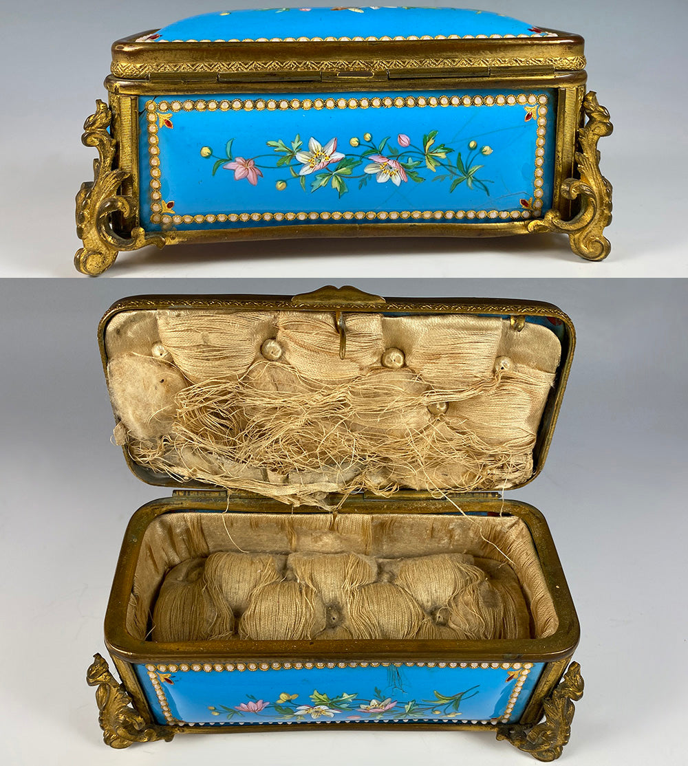 Antique 5.5" Long French Kiln-fired Enamel Jewelry Box, Original Silk Lining, Napoleon III Era