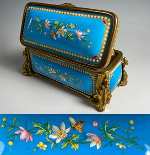 Antique 5.5" Long French Kiln-fired Enamel Jewelry Box, Original Silk Lining, Napoleon III Era