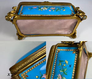 Antique 5.5" Long French Kiln-fired Enamel Jewelry Box, Original Silk Lining, Napoleon III Era