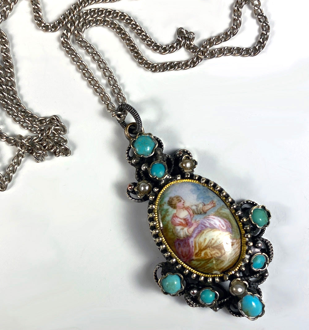 Antique French Kiln-fired Enamel, Persian Turquoise and Seed Pearl Pendant, 18k and Silver Mount