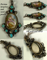 Antique French Kiln-fired Enamel, Persian Turquoise and Seed Pearl Pendant, 18k and Silver Mount