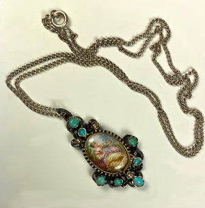 Antique French Kiln-fired Enamel, Persian Turquoise and Seed Pearl Pendant, 18k and Silver Mount