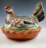 French Pottery, Hand Painted Chicken in Next, Eggs, Tureen, Casserole, Egg or Butter Container