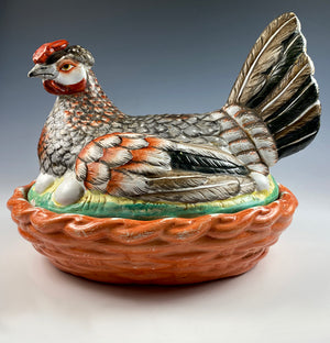 French Pottery, Hand Painted Chicken in Next, Eggs, Tureen, Casserole, Egg or Butter Container