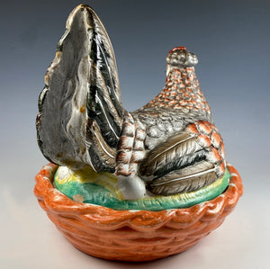 French Pottery, Hand Painted Chicken in Next, Eggs, Tureen, Casserole, Egg or Butter Container