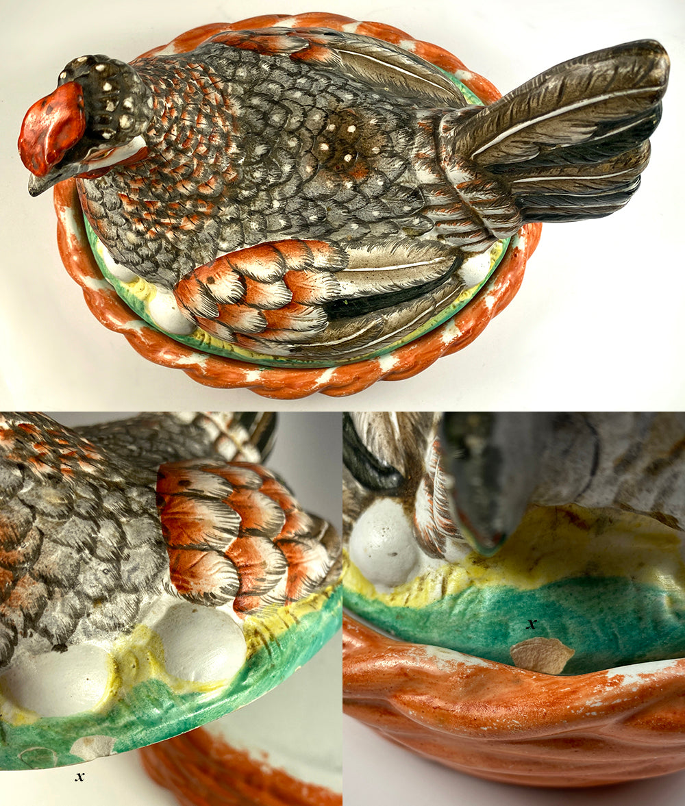 French Pottery, Hand Painted Chicken in Next, Eggs, Tureen, Casserole, Egg or Butter Container