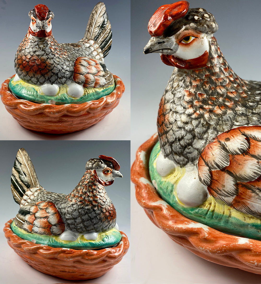 French Pottery, Hand Painted Chicken in Next, Eggs, Tureen, Casserole, Egg or Butter Container