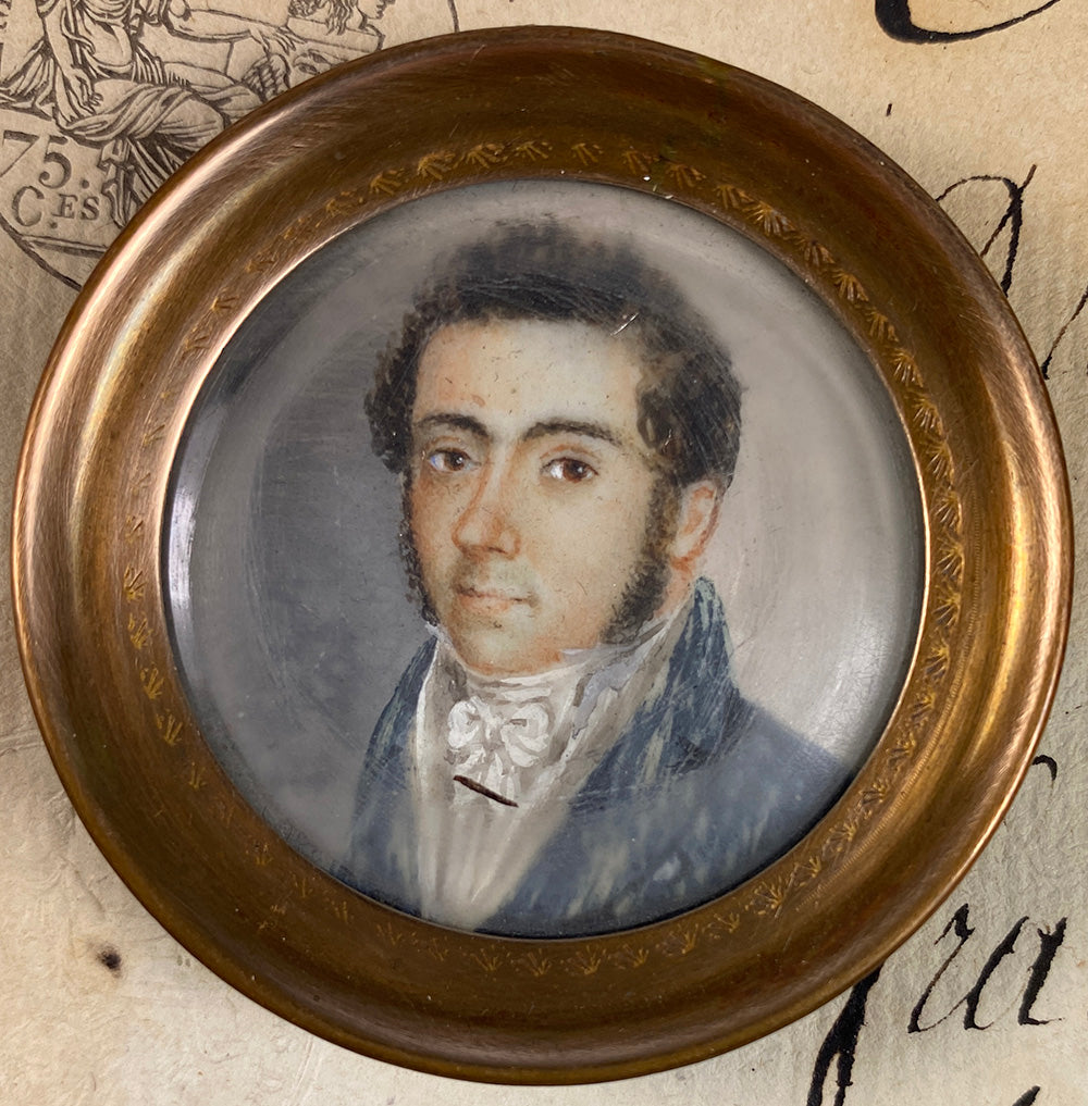 Antique French Portrait Miniature of a Handsome Young Man, Mutton chop Sideburns, c.1830