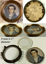Antique French Portrait Miniature of a Handsome Young Man, Mutton chop Sideburns, c.1830