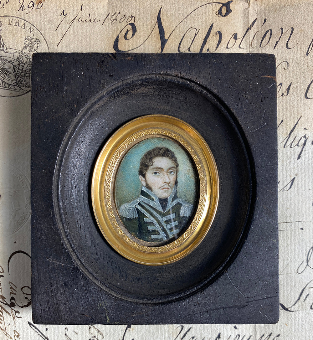 Antique French Portrait Miniature, Handsome Young Napoleon Soldier in Uniform