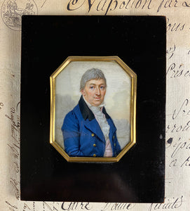 Antique Georgian English Portrait Miniature, Regency Blue Coat, Ruffled Ascot