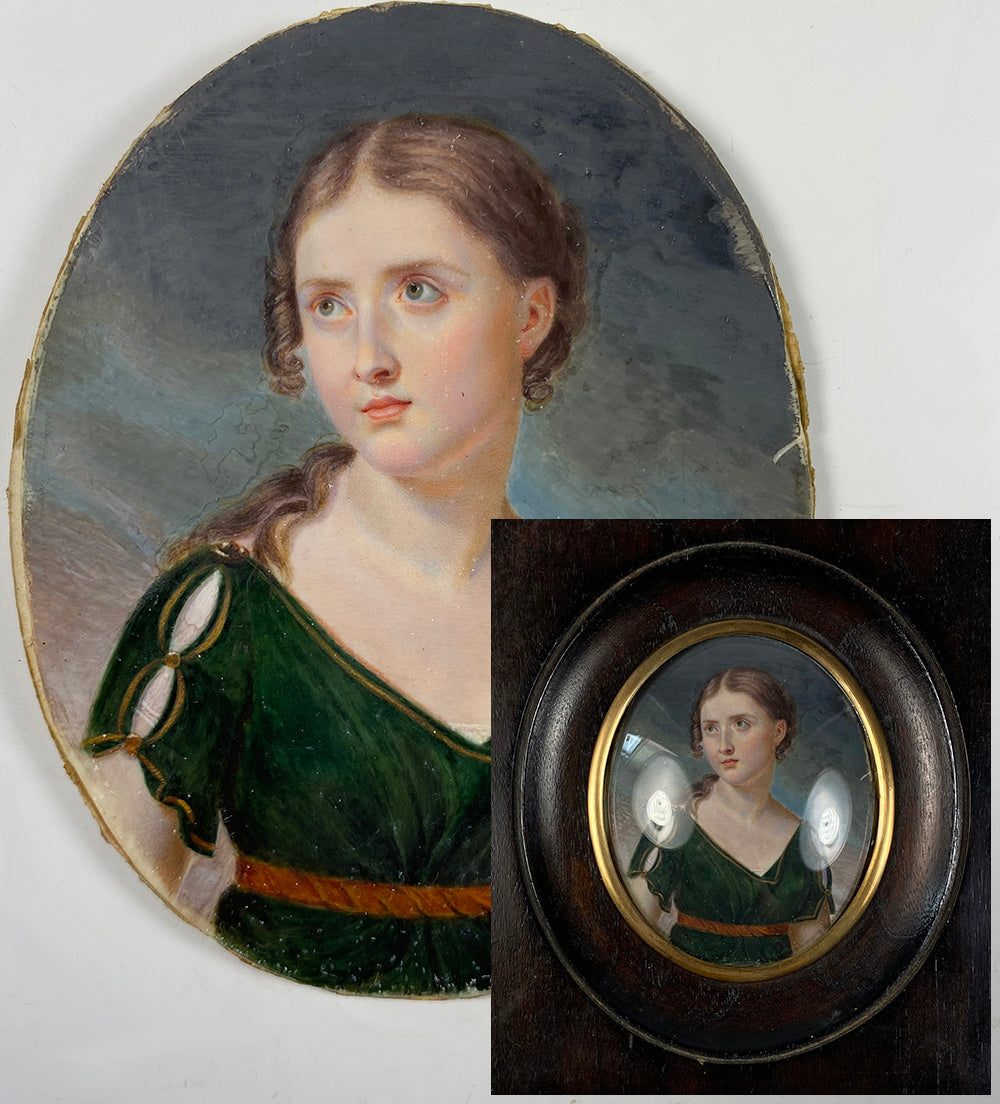 Antique HP Portrait Miniature, c.1810-30, Beautiful Young Woman, Wood Frame