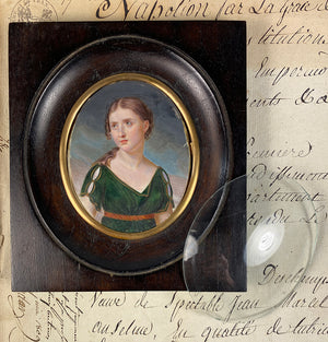 Antique HP Portrait Miniature, c.1810-30, Beautiful Young Woman, Wood Frame