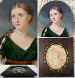 Antique HP Portrait Miniature, c.1810-30, Beautiful Young Woman, Wood Frame