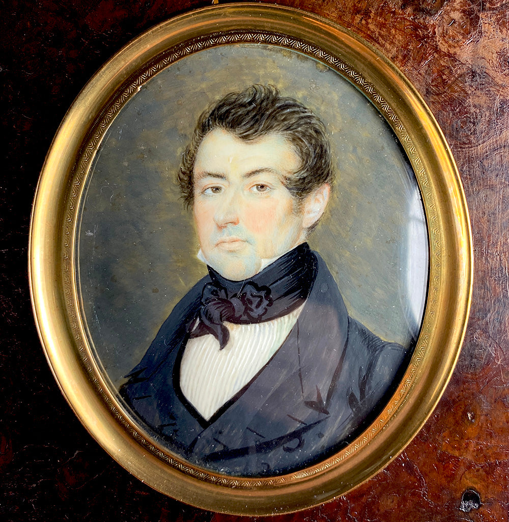 Fine Antique French Portrait Miniature of a Gentleman, c.1830s Louis Philippe Era