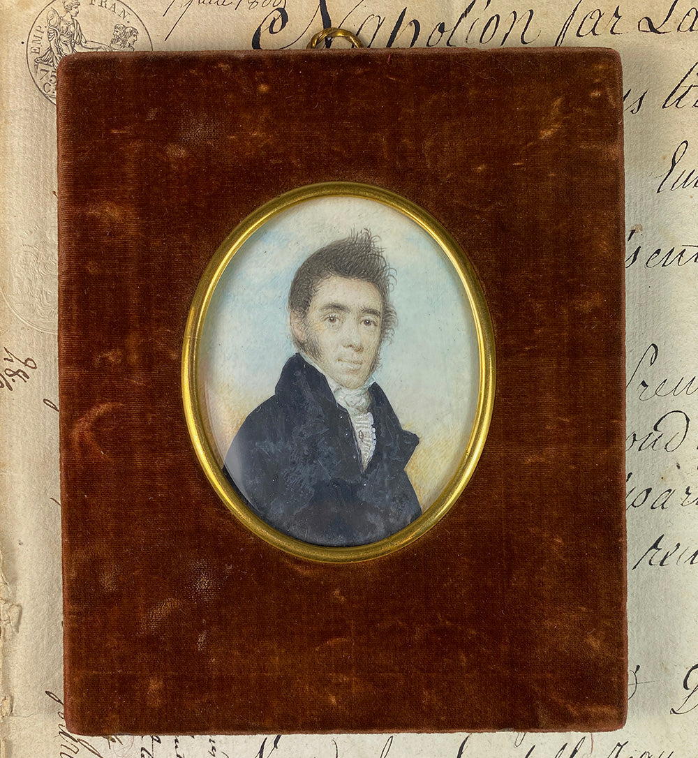 Antique French Portrait Miniature, Handsome Young Man w Mutton Chops, c.1830s