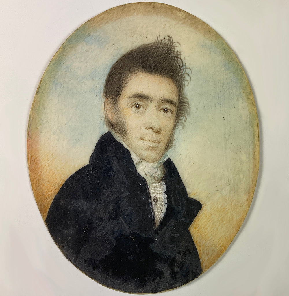 Antique French Portrait Miniature, Handsome Young Man w Mutton Chops, c.1830s