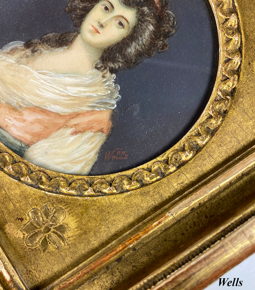 Antique French Portrait Miniature, Beautiful Young Woman, Wood Frame, c.1830s