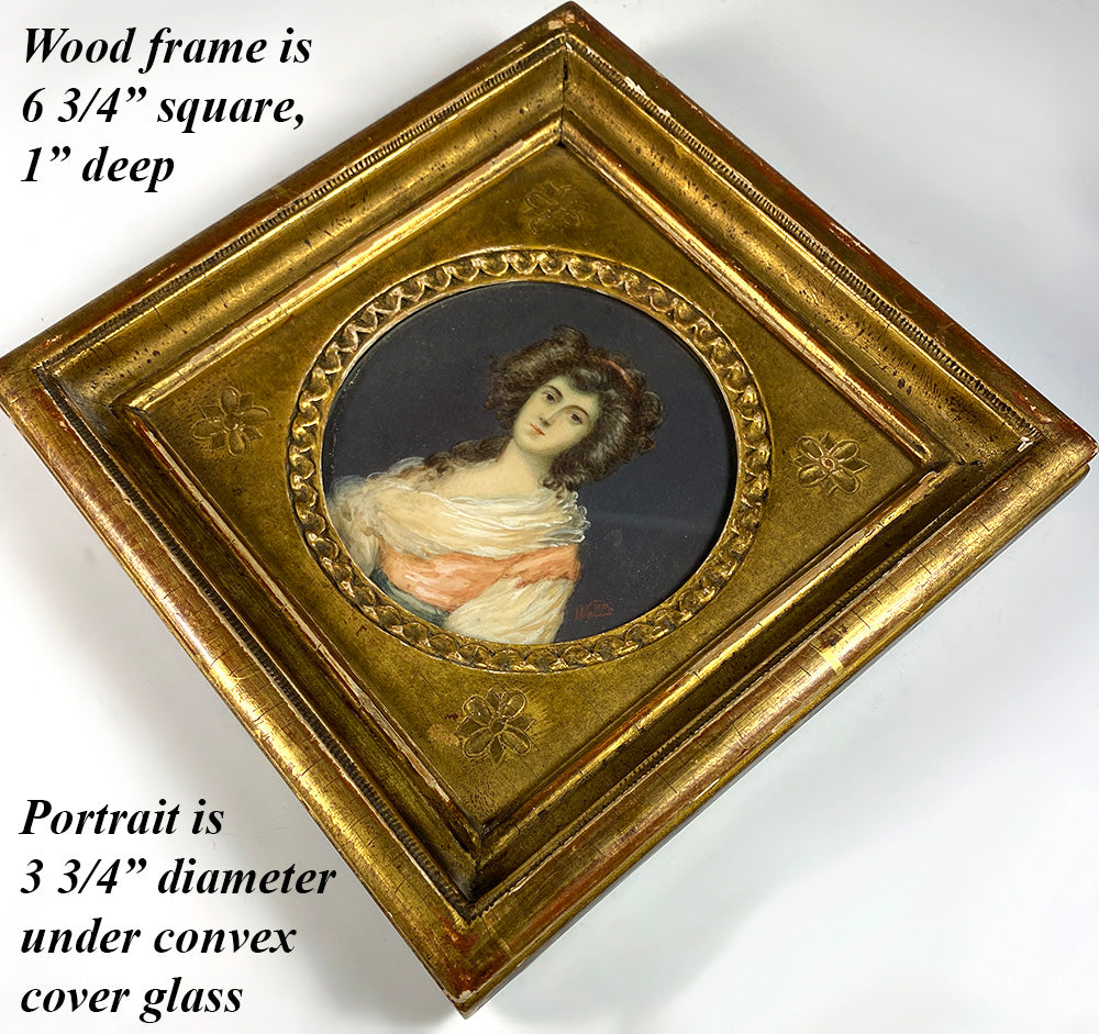 Antique French Portrait Miniature, Beautiful Young Woman, Wood Frame, c.1830s