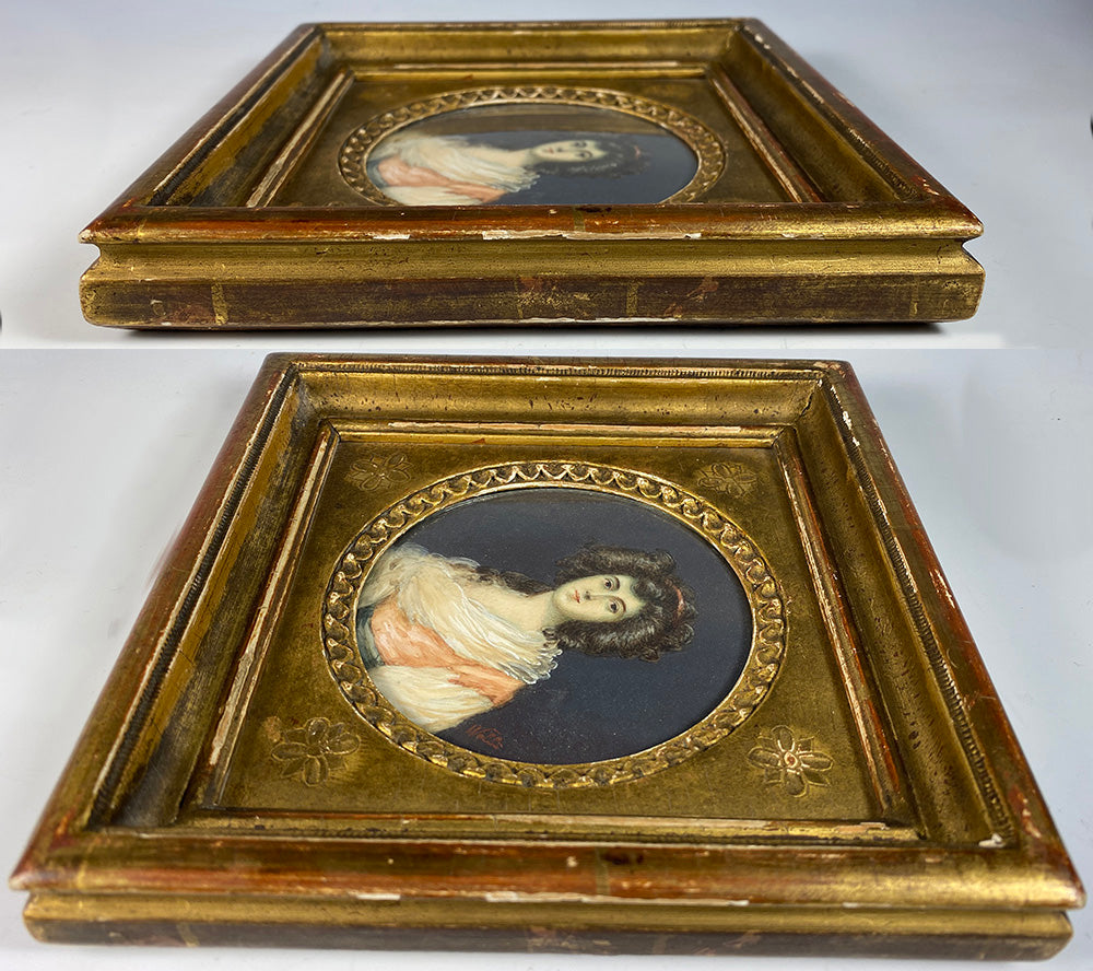 Antique French Portrait Miniature, Beautiful Young Woman, Wood Frame, c.1830s