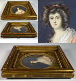 Antique French Portrait Miniature, Beautiful Young Woman, Wood Frame, c.1830s