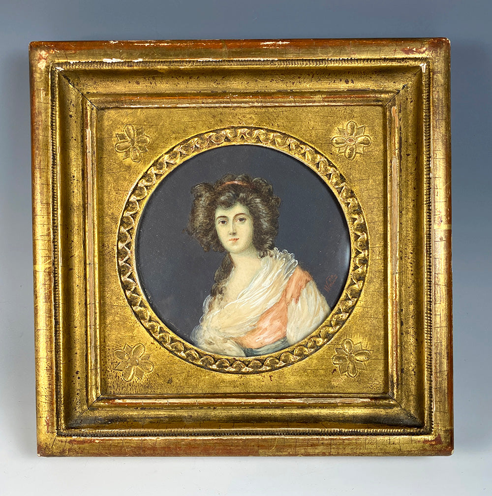 Antique French Portrait Miniature, Beautiful Young Woman, Wood Frame, c.1830s