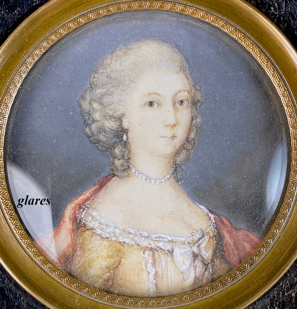 Antique French Portrait Miniature, Woman in Powdered Wig, c.1750-70, Wood Frame