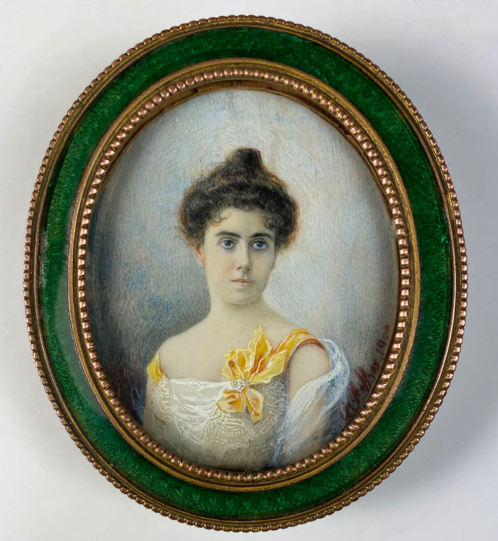 Antique French Portrait Miniature in Kiln-fired Enamel Mat Dore Bronze Frame, Easel, c.1900