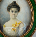 Antique French Portrait Miniature in Kiln-fired Enamel Mat Dore Bronze Frame, Easel, c.1900