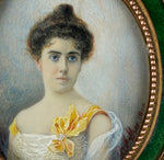 Antique French Portrait Miniature in Kiln-fired Enamel Mat Dore Bronze Frame, Easel, c.1900