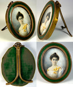 Antique French Portrait Miniature in Kiln-fired Enamel Mat Dore Bronze Frame, Easel, c.1900