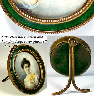 Antique French Portrait Miniature in Kiln-fired Enamel Mat Dore Bronze Frame, Easel, c.1900